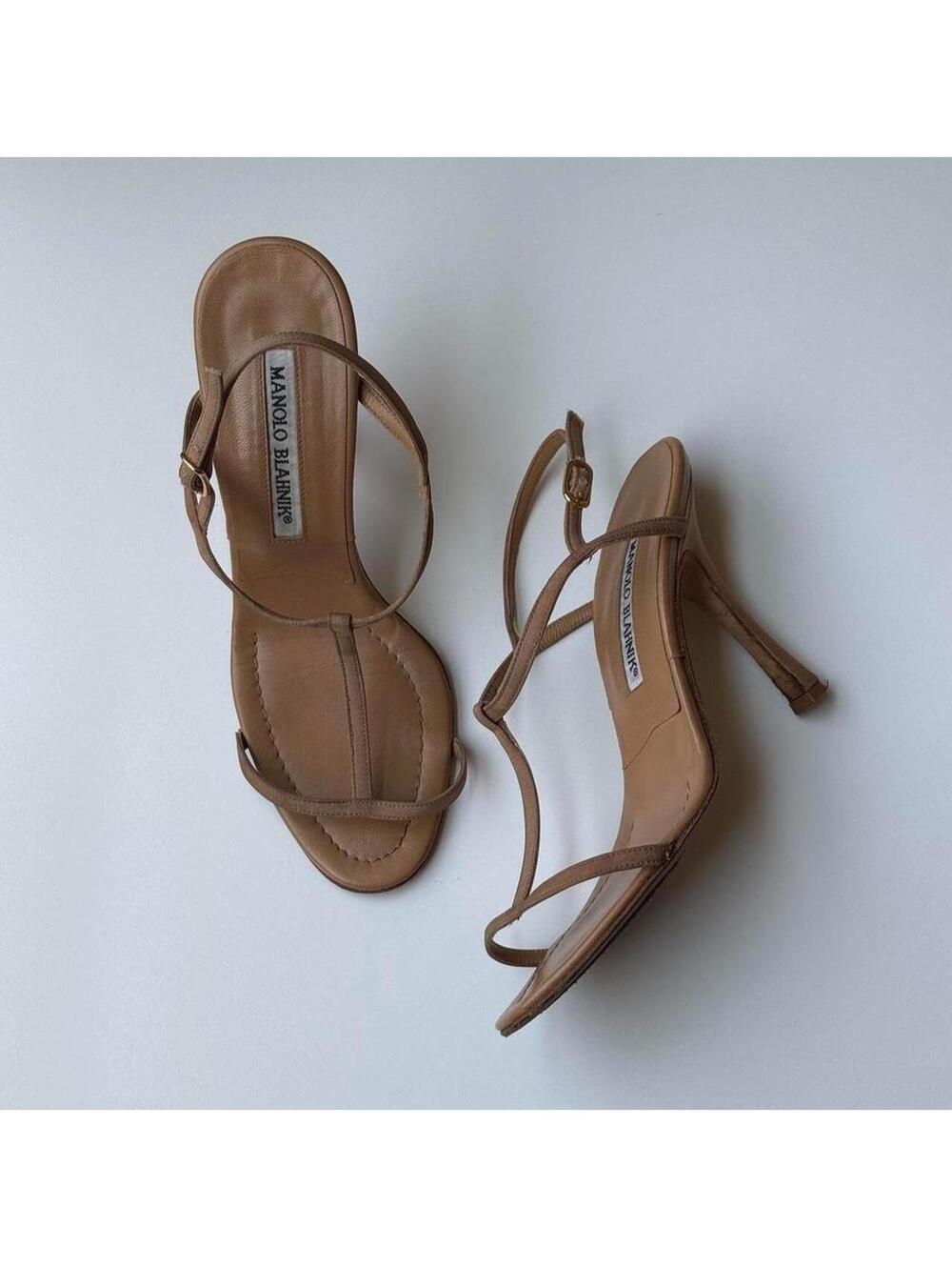 Manolo Blahnik Nude Leather Ankle Strap Sandals